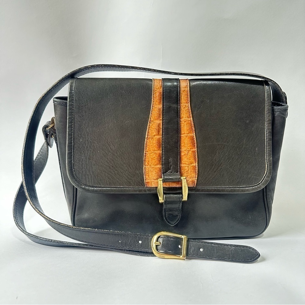 Vintage Genuine leather black brown crocodile brass crossbody quality bag
